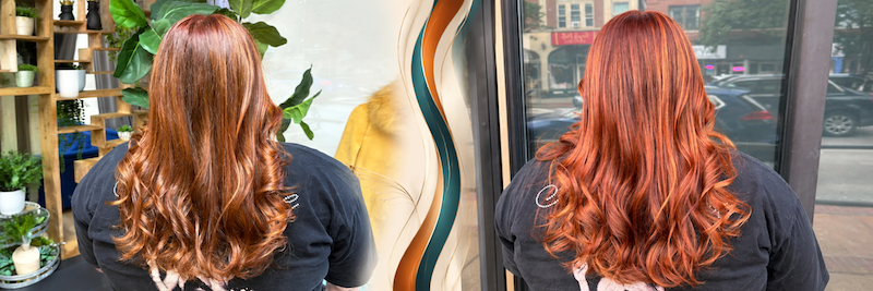 Copper Hair transformation compares the difference between indoor and outdoor lighting