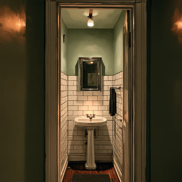 a dimly lit bathroom with a mirror