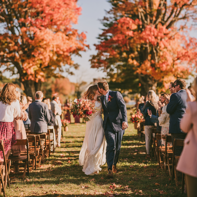 A fall outdoor wedding in New England shows a bride with highlights in her hair in natural light